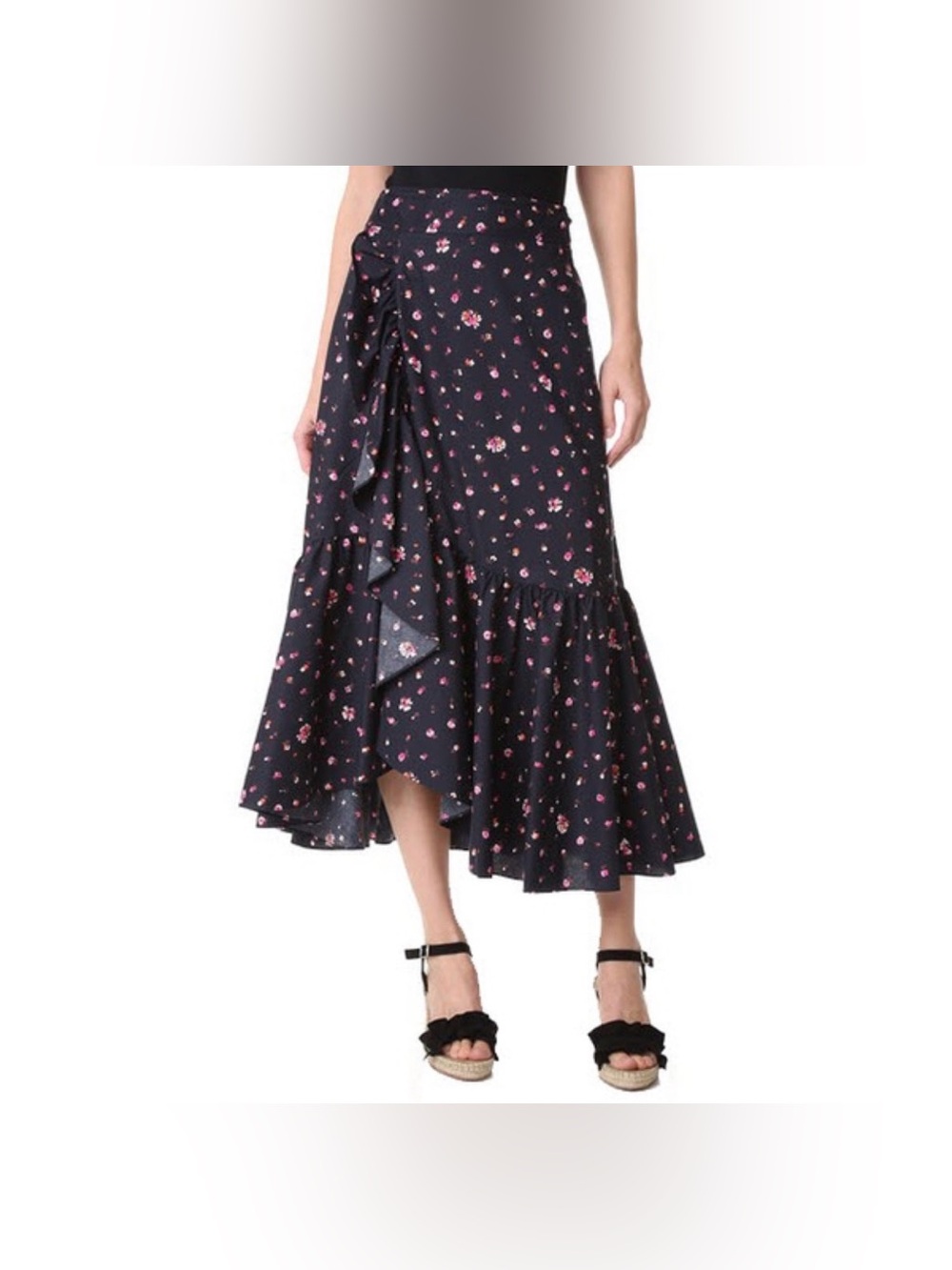Rebecca Taylor Mia Ruffle Black Floral Asymmetrical Skirt Size 6